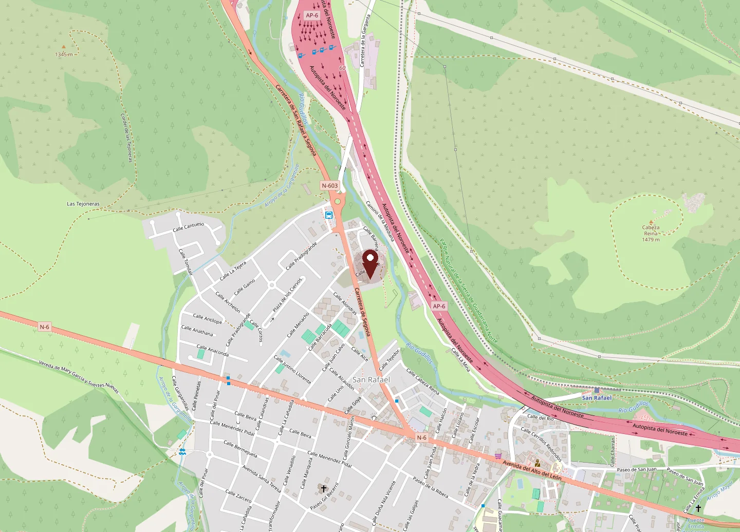 Plano de San Rafael (Segovia) con el taller señalado en la Calle del Puente,
                  junto a la carretera de Segovia